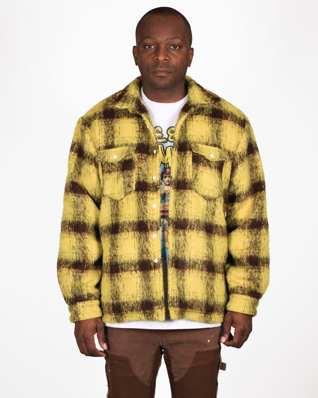 Trinity Kays Kulture Zimba Mohair Shirt Jacket, Yellow/Brown Plaid